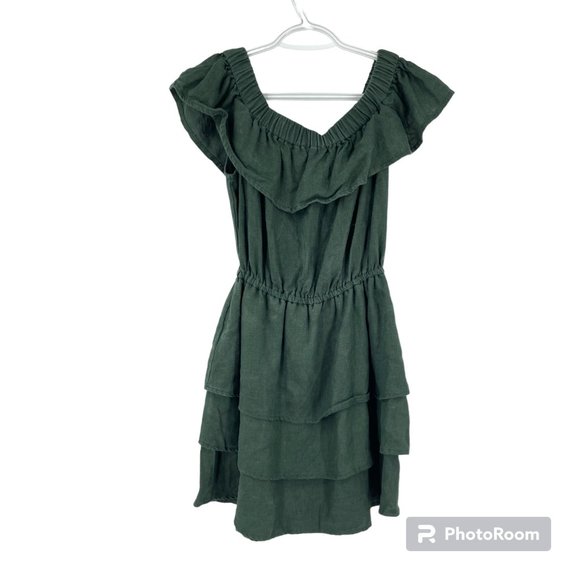 Sir The Label Dress Green Stefi Linen Off-the-Shoulder Ruffle Layered Mini Sz 2 - Picture 1 of 6